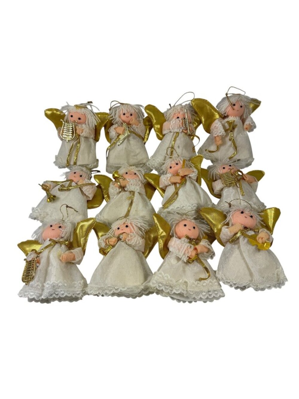 Angel Orchestra Choir Ornaments Lot 12 Lace Gold Wings Yarn Hair Vintage 1970s